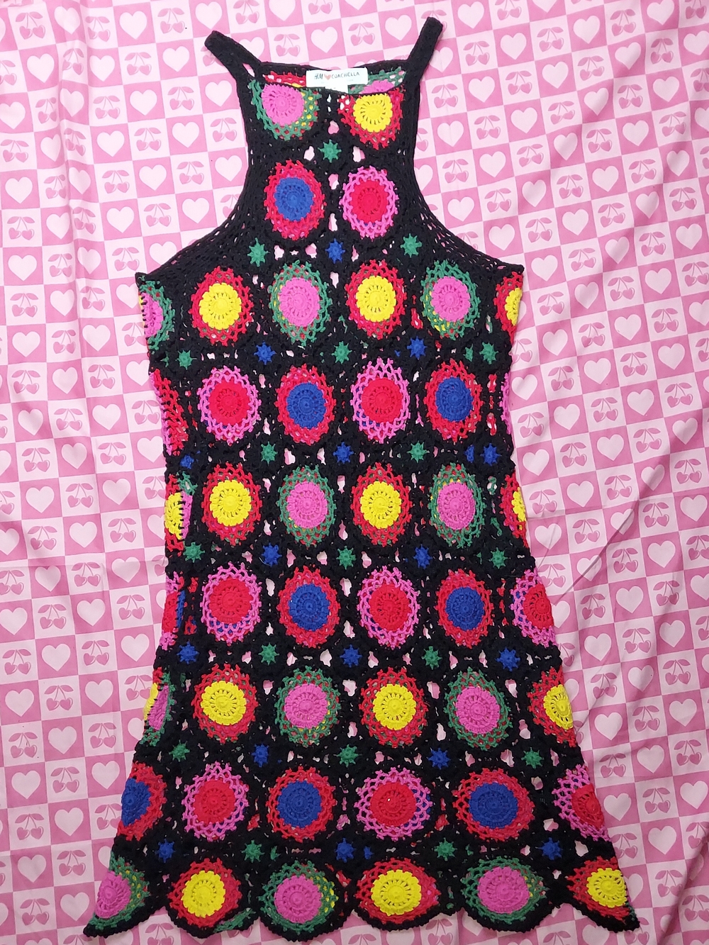 H&M Coachella Black Crochet Dress with Yellow, Pink, Green